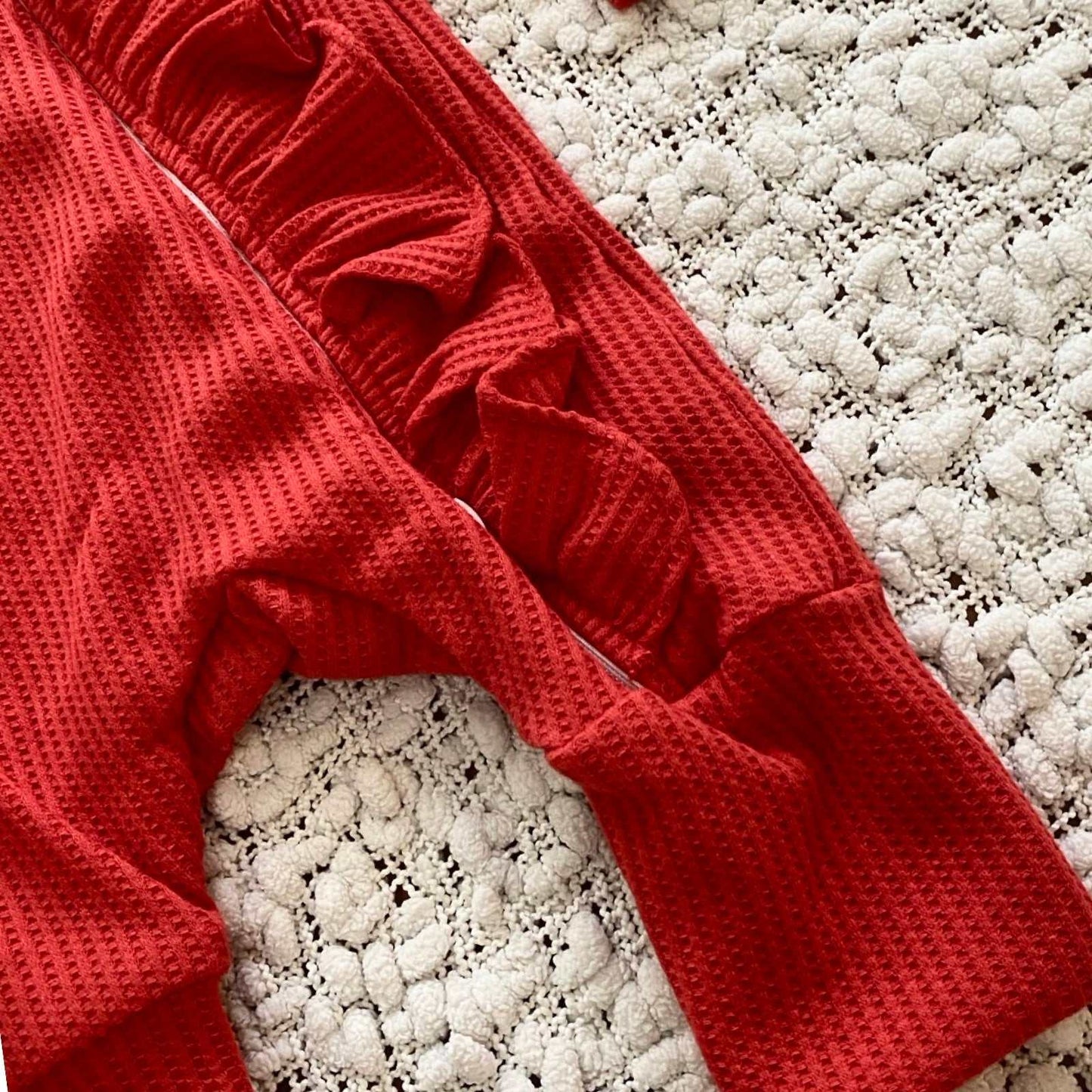 Red waffle frill baby onesie and headband. Red Baby Girl frill zip onesie.