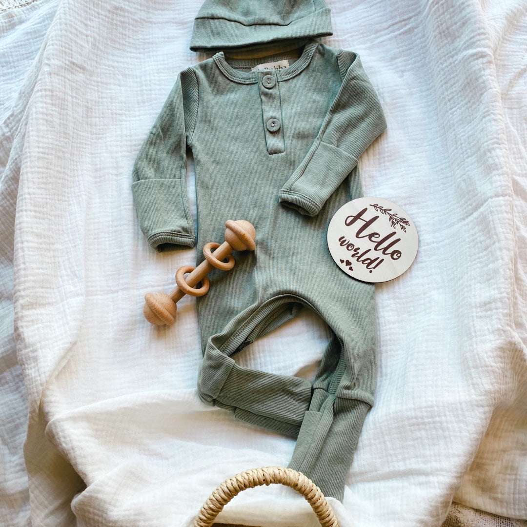 Olive Green Ribbed Baby Onesie and Beanie