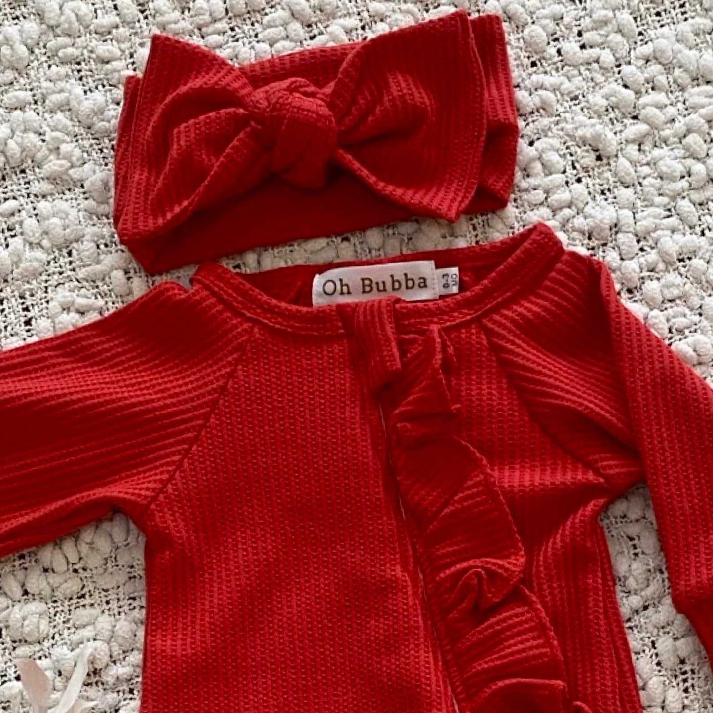 red waffle frill baby onesie and headband. Newborn baby girl frill romper