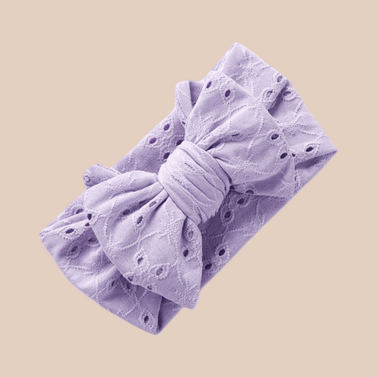 Lilac embroidered lace baby bow headband. Large newborn baby girl bows