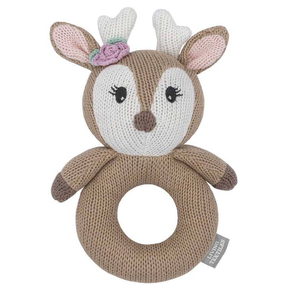 Fawn knitted rattle. fawn knitted ring rattle. soft jingling rattle.