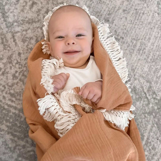 Organic Cotton Fringe Swaddle | Tan With Cream Fringe