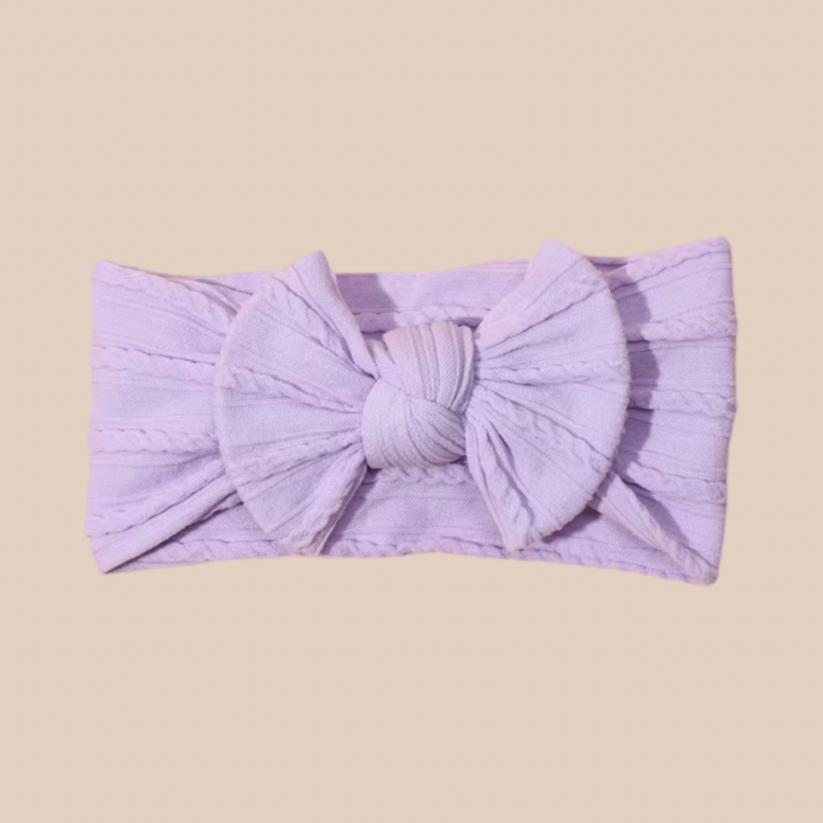 Lilac cable knit baby bow headband. Newborn bow