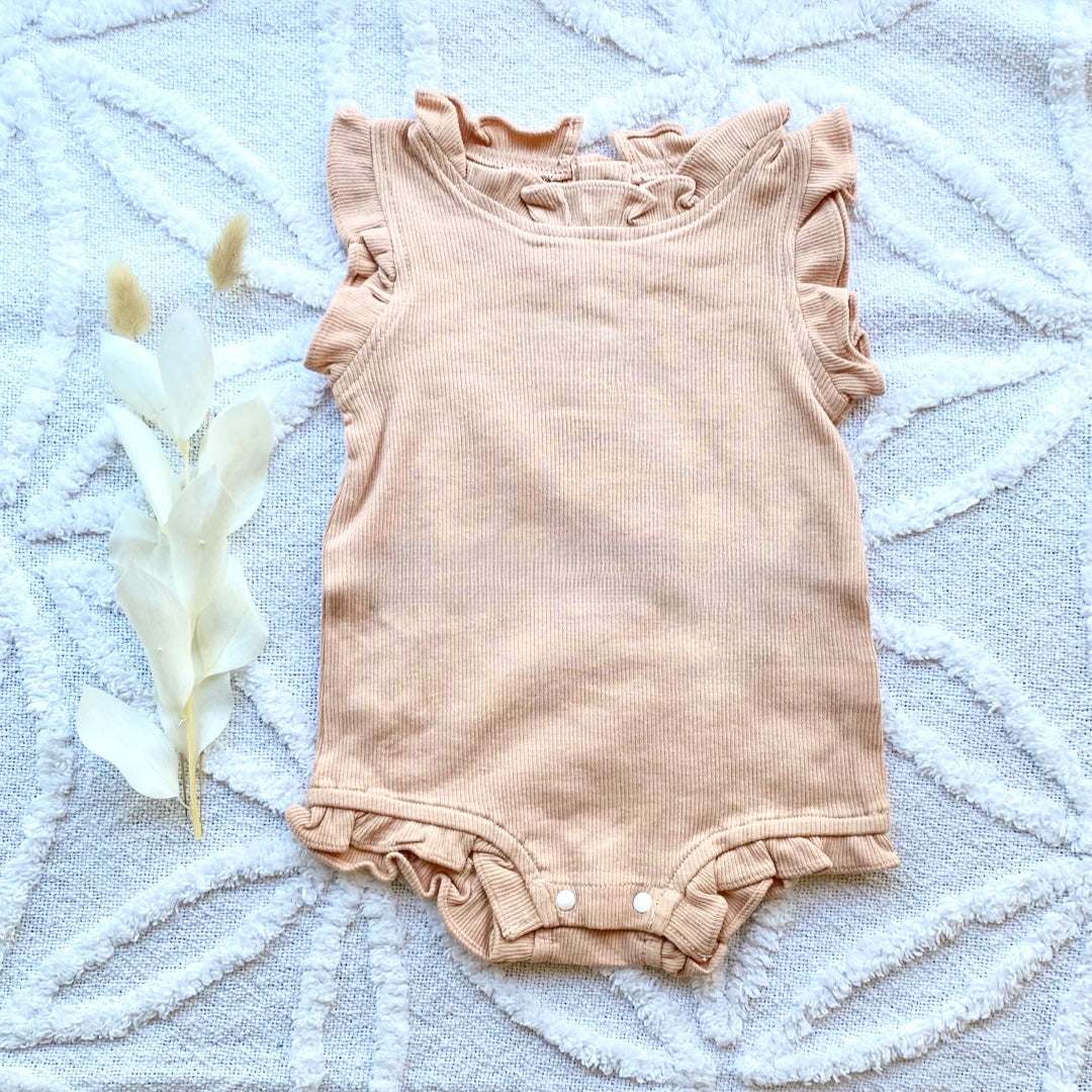 2 Piece Ribbed Frill Romper & Shorts Set | Blush Pink