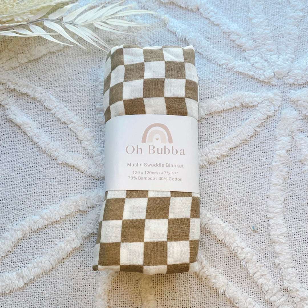 Tan gingham baby swaddle. Newborn muslin wrap. Baby Blanket. Tan Gingham Baby Swaddle