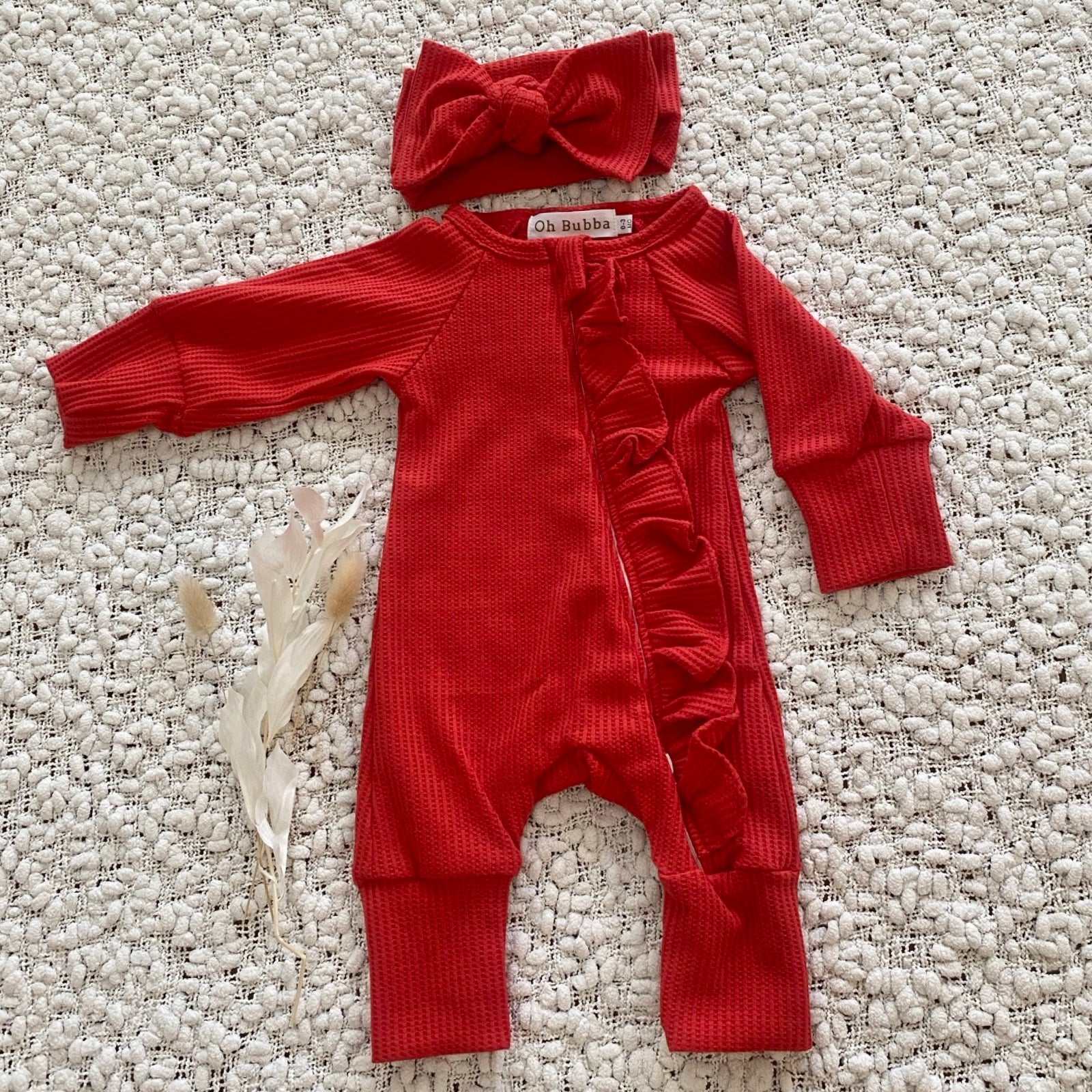 Red Waffle Frill Baby Onesie and headband. Baby snug