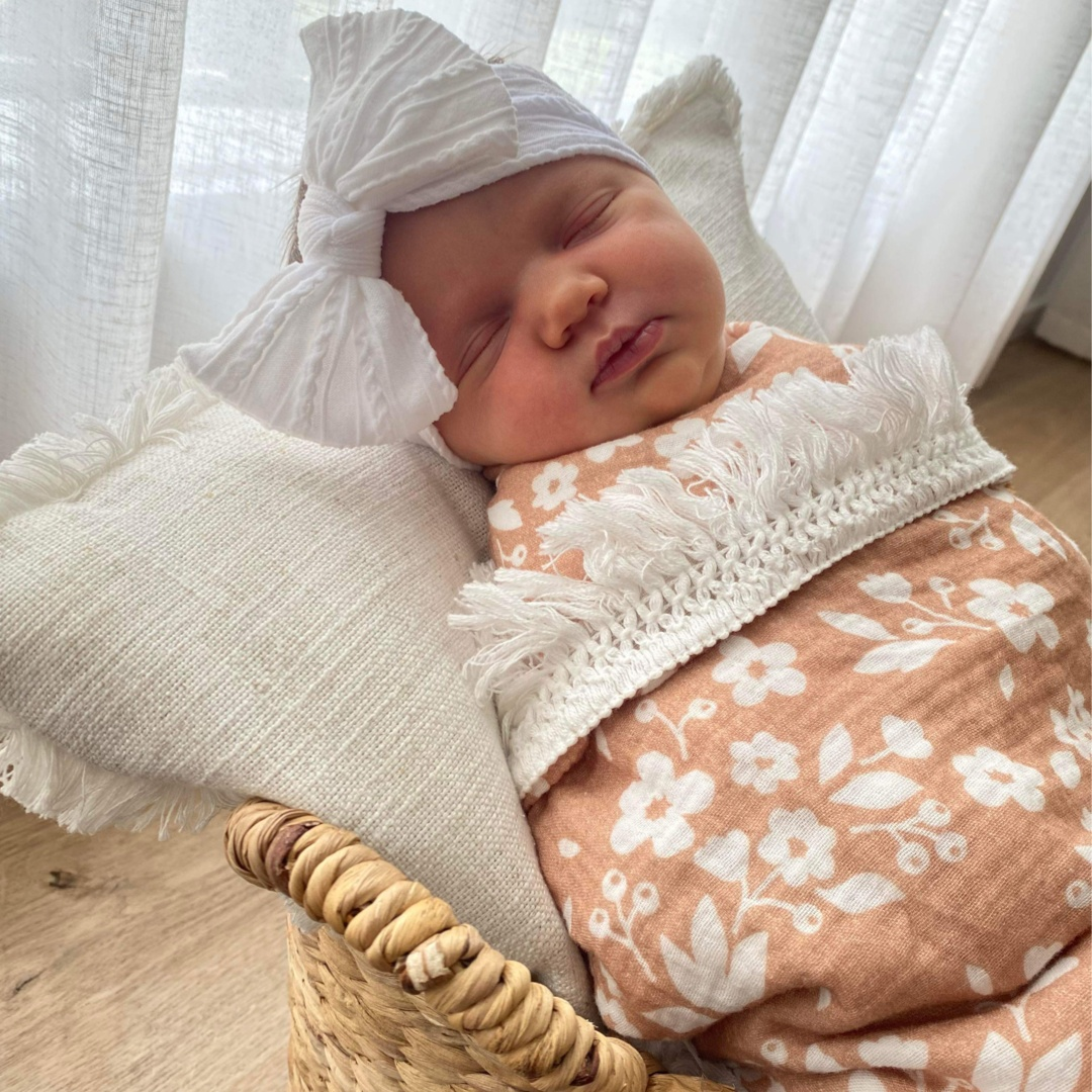 Posies baby fringe swaddle. Baby muslin wrap. Newborn baby swaddle. Baby blanket. Boho baby swaddle