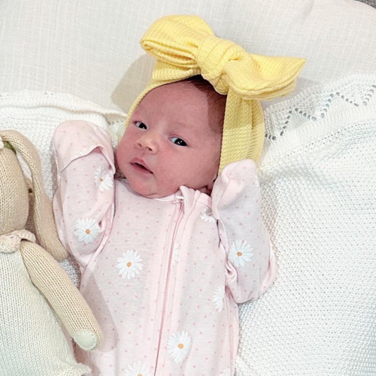 Yellow waffle baby bow headband. Large baby bow. Oversized baby bow