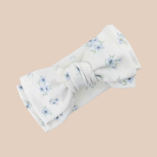 Blue floral baby bow headband. Newborn baby bow headband. Baby floral topknot