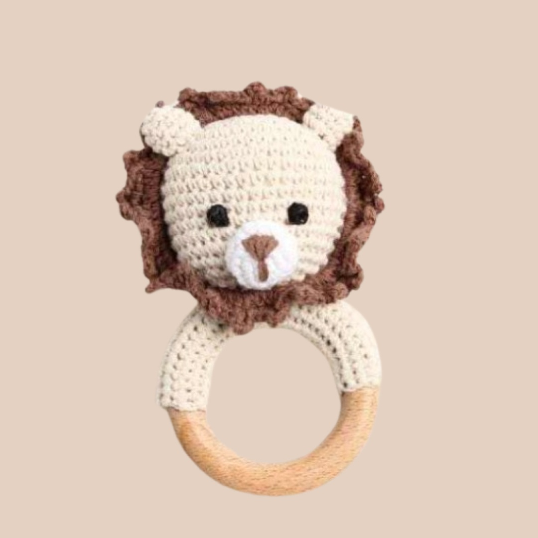 Brown Lion Crochet Rattle. Adorable baby crochet wooden brown lion rattle