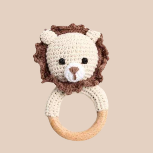 Brown Lion Crochet Rattle. Adorable baby crochet wooden brown lion rattle