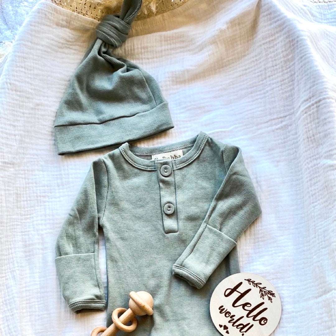 Olive Green Ribbed Baby Onesie and Beanie