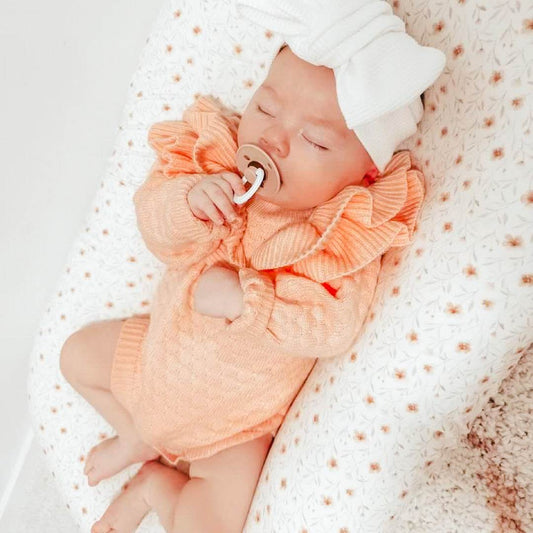 Sophia Frill Knit baby romper. baby girl frill romper. Baby knit romper.