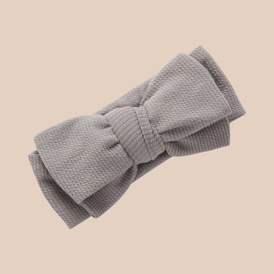 Grey Chunky Rib Baby Bow Headband. Large baby bows. Baby Topknot