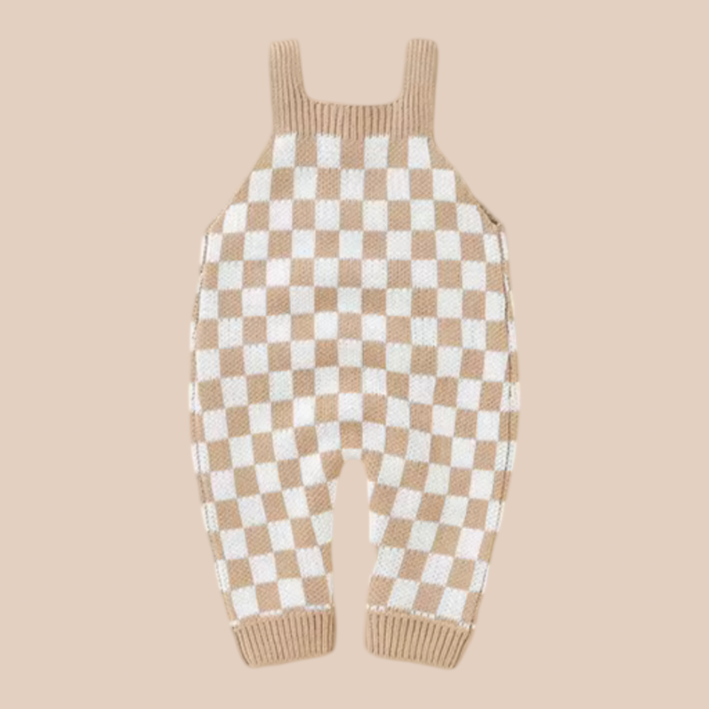 Checker knit baby overalls. Gingham knit baby overalls. Gender-neutral newborn baby clothes