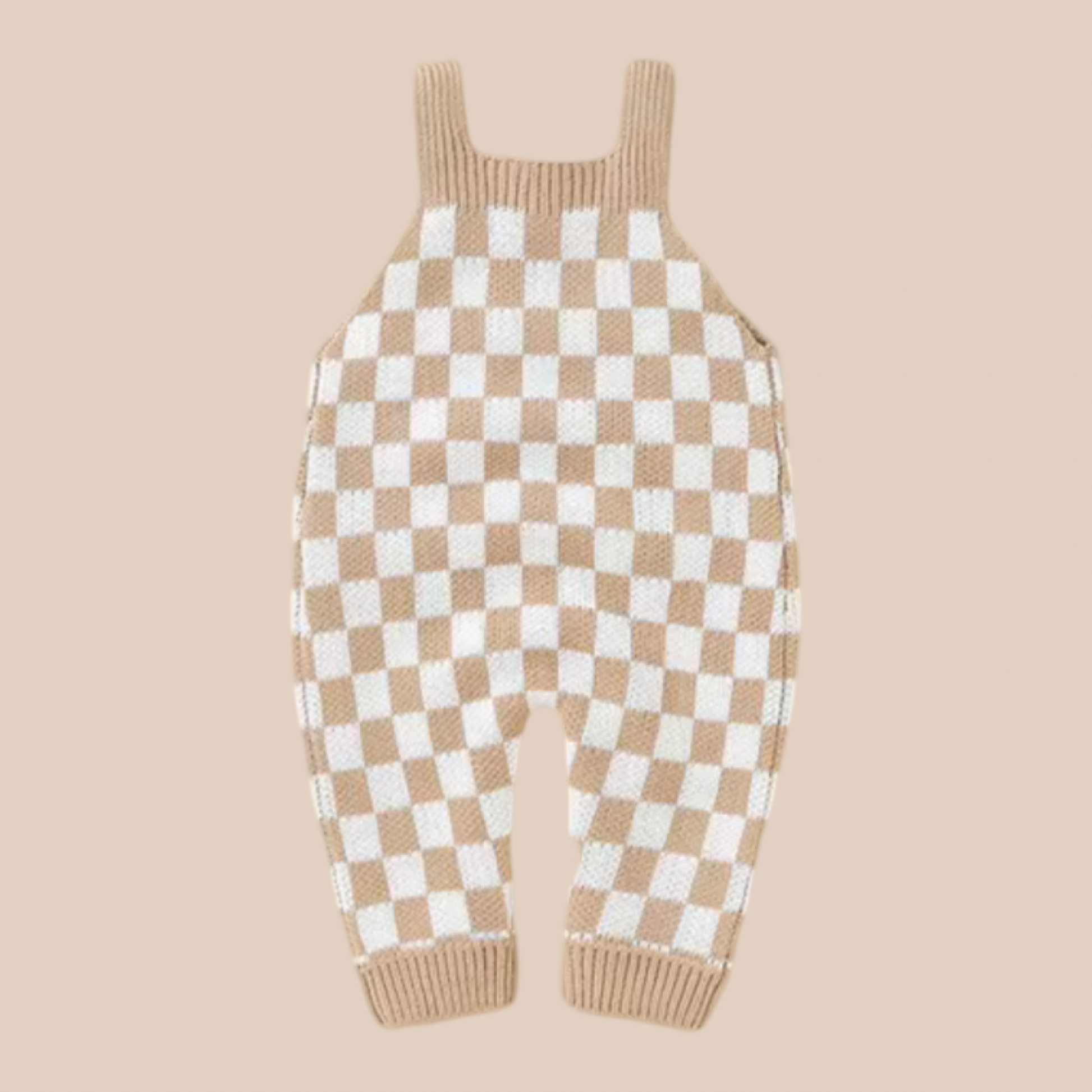Checker knit baby overalls. Gingham knit baby overalls. Gender-neutral newborn baby clothes