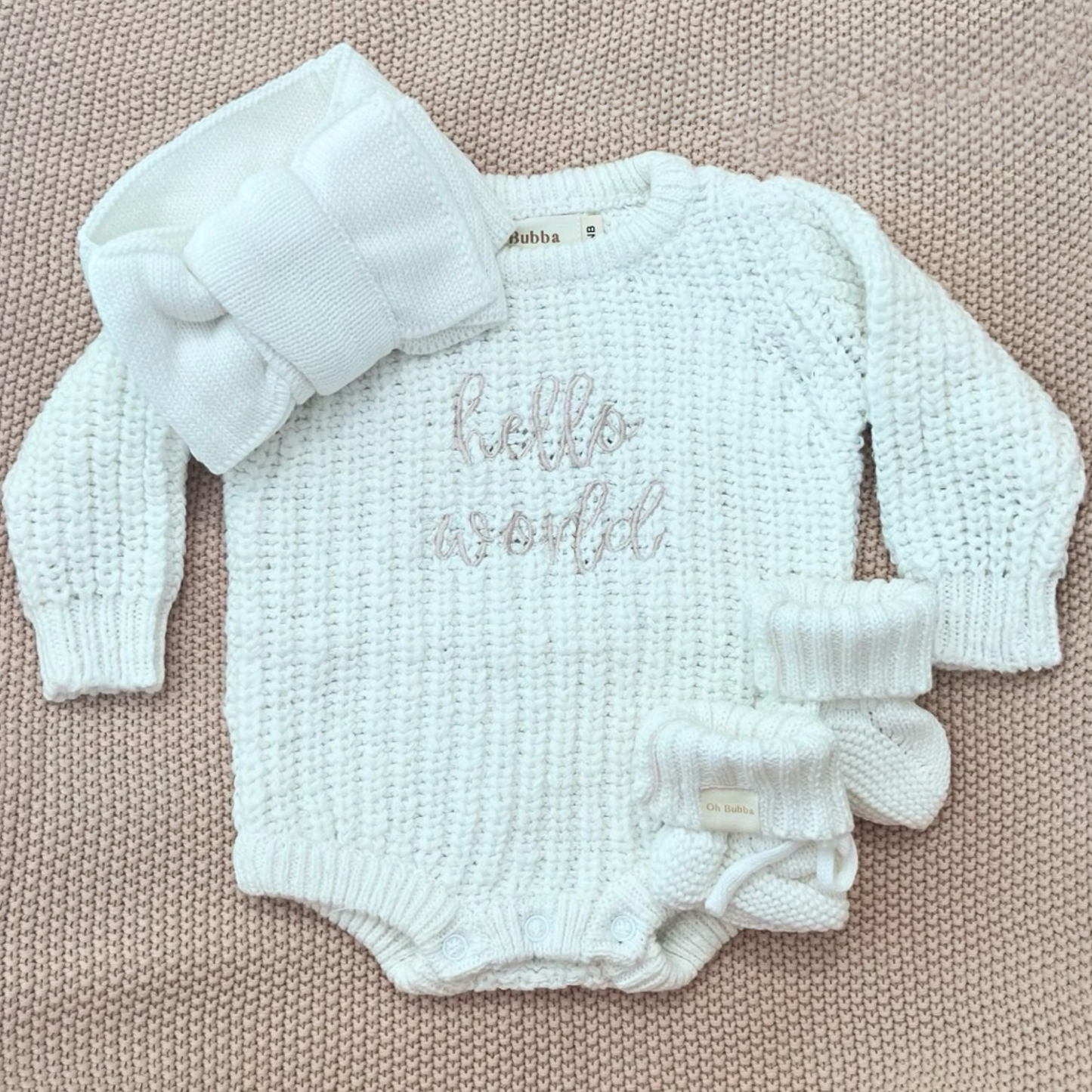 White Knit newborn romper. Hello World Announcement romper