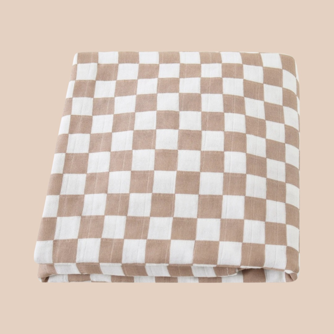 Tan gingham baby swaddle. Newborn muslin wrap. Bamboo organic cotton baby swaddle