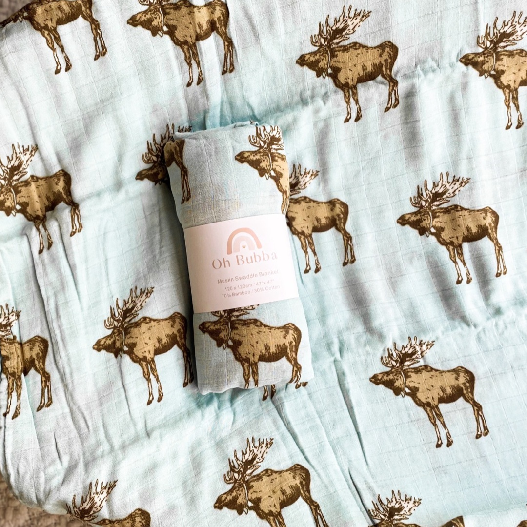 Blue moose baby swaddle. Muslin Wrap