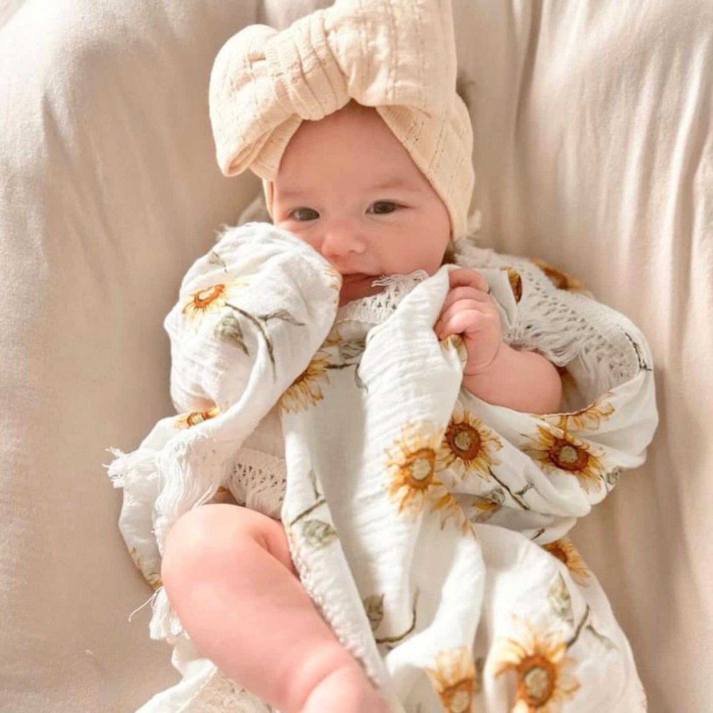 Sunflower baby fringe swaddle. Newborn baby muslin wrap. Baby blanket