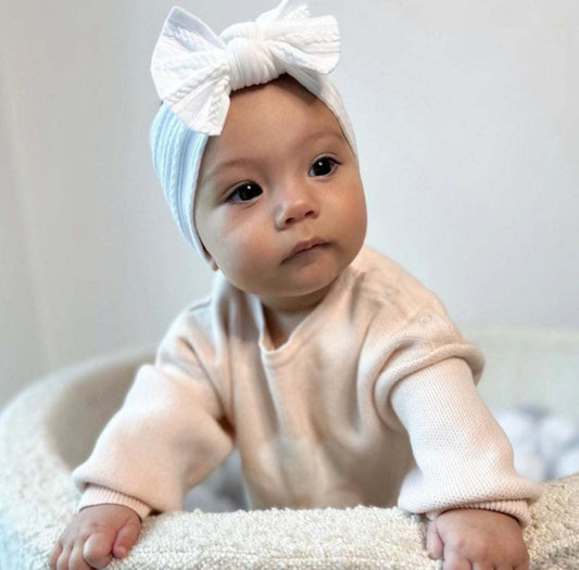 White cable knit baby bow headband. Baby bows. Baby Topknots. Baby hair accessories