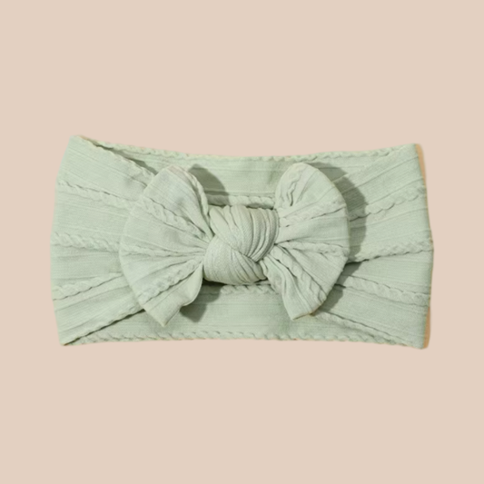 Sage Cable knit baby bow headband. Newborn baby bow headband