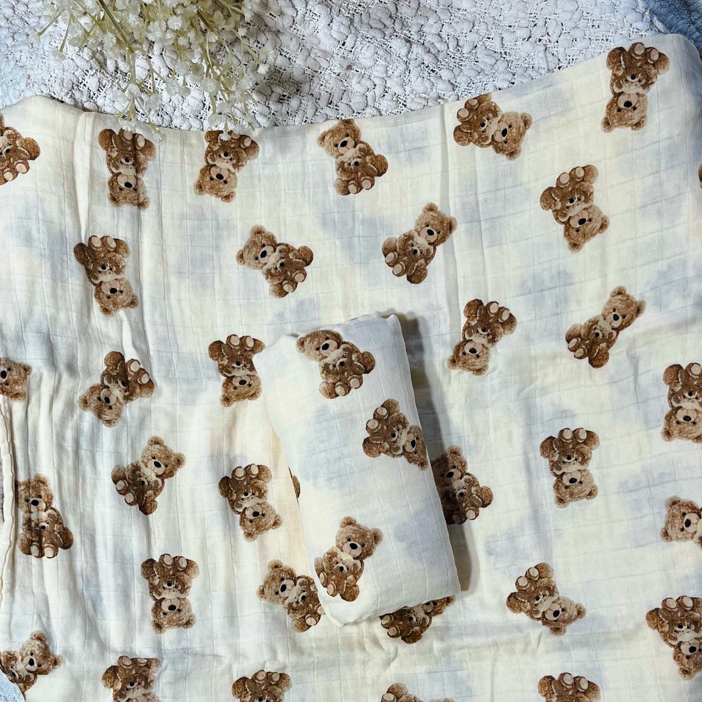 Teddy bear swaddle | Newborn muslin wrap. Baby teddy bear blanket