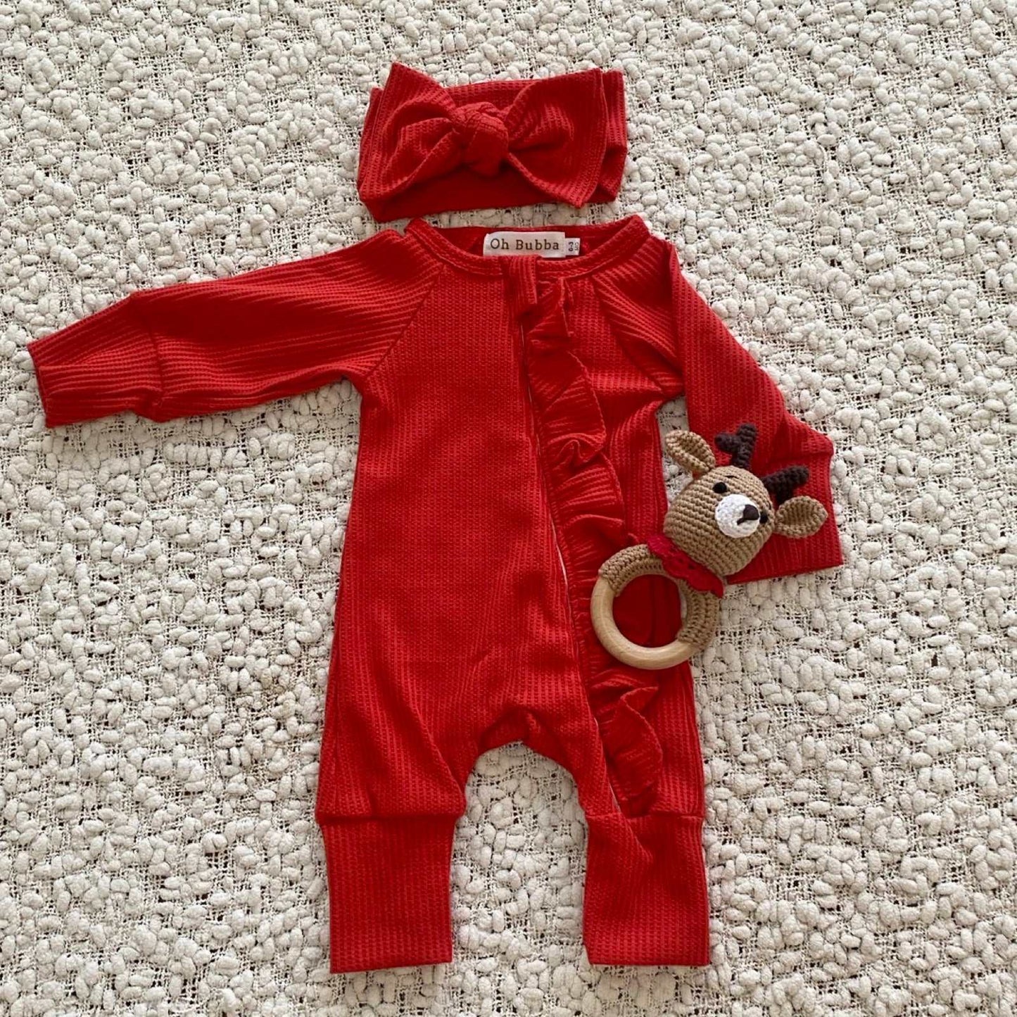 Red waffle frill baby onesie and headband. Baby's first Christmas outfit. Red waffle romper