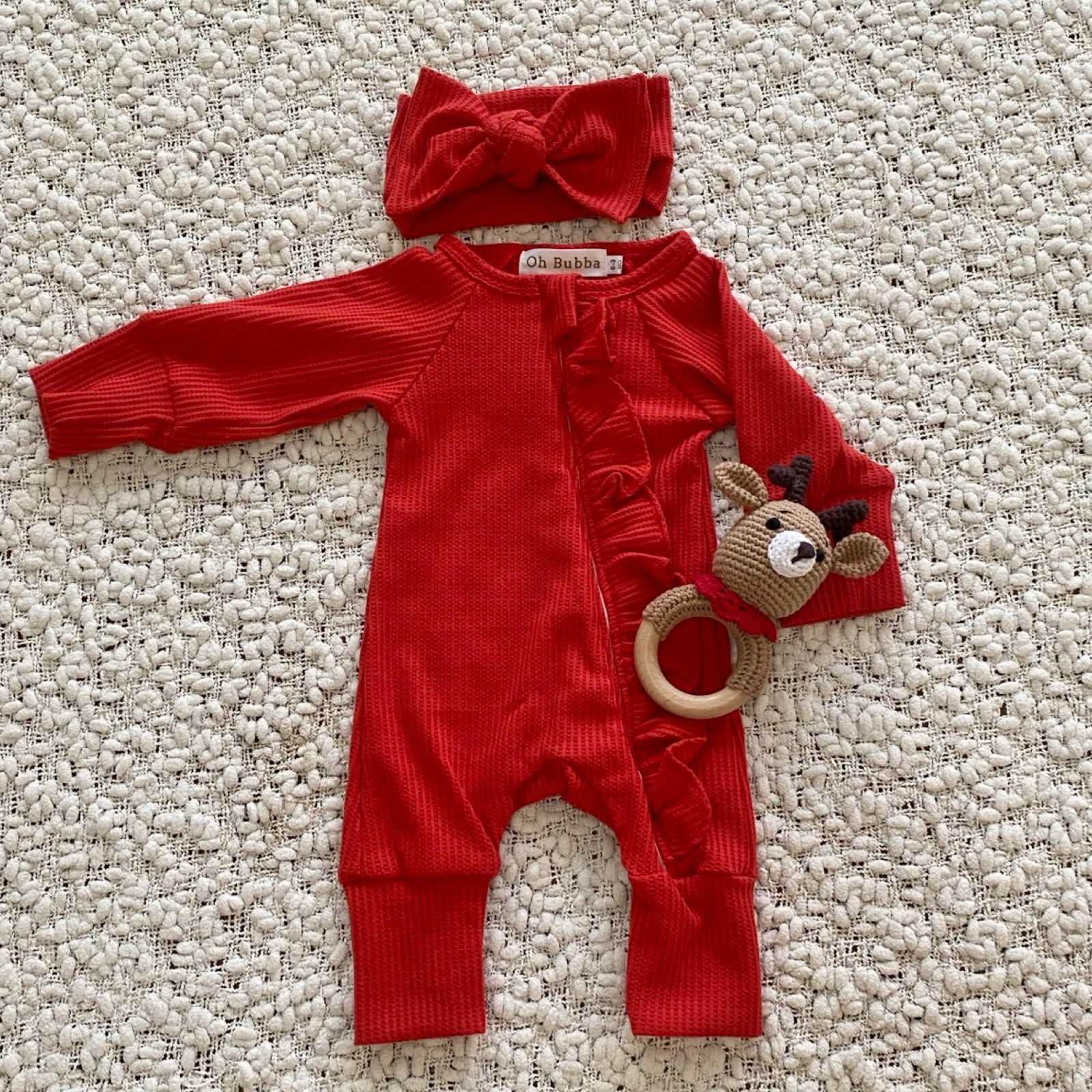 Red waffle frill baby onesie and headband. Baby's first Christmas outfit. Red waffle romper