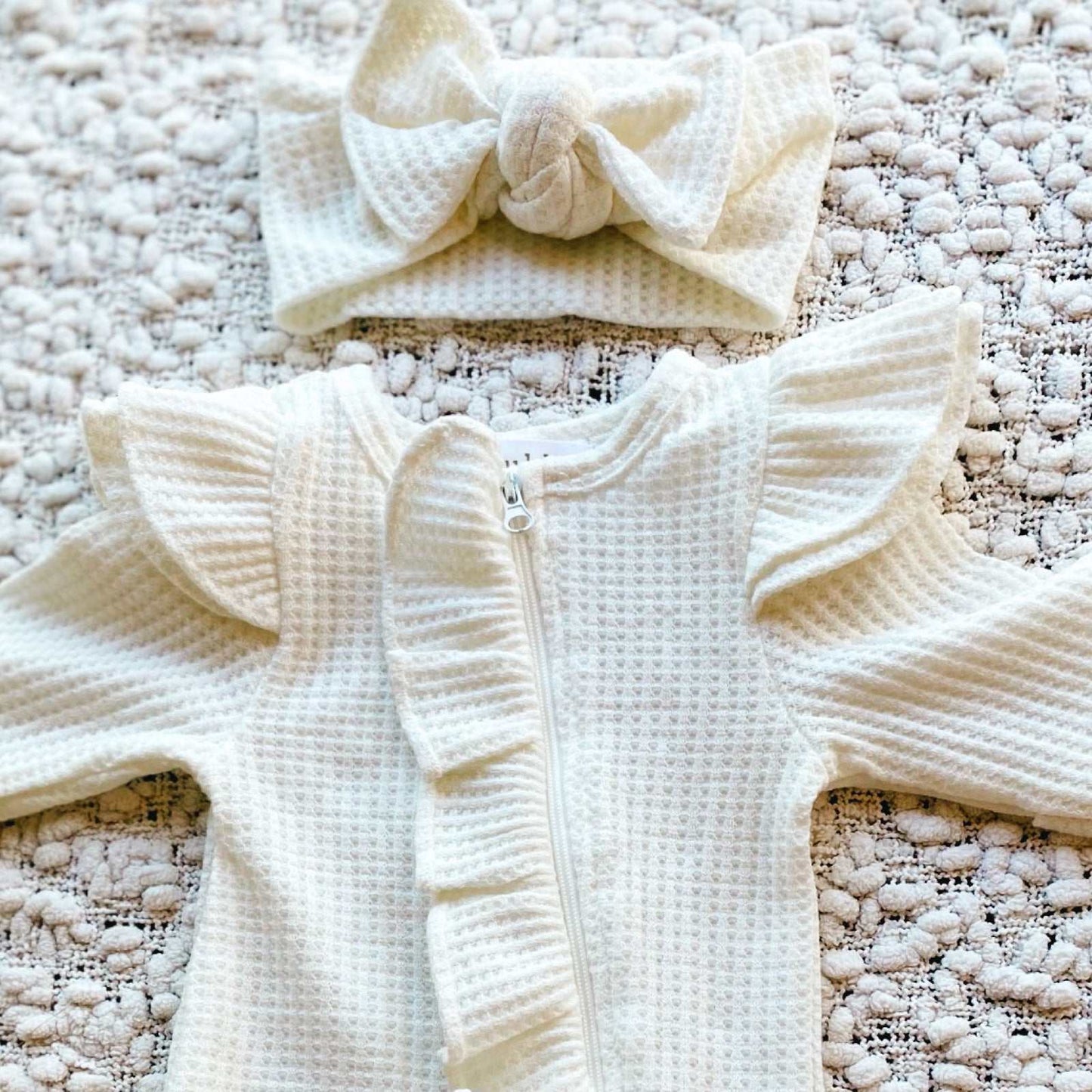 Waffle Frill Onesie & Headband | White