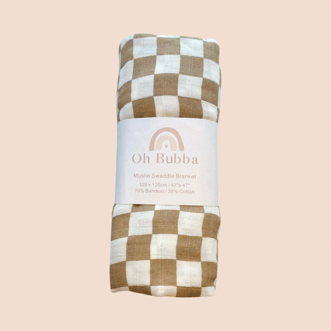 Tan Gigham Baby Swadlle. Baby Swaddle. Baby Boy Swaddle. Gender Neutral Swaddle. Newborn Swaddle. Muslin Wrap. Baby Blanket. Baby Shower Gift