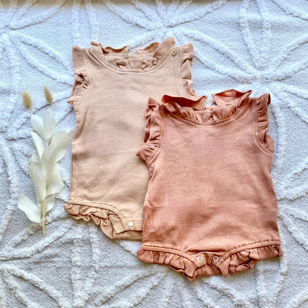 2 Piece Ribbed Frill Romper & Shorts Set | Blush Pink