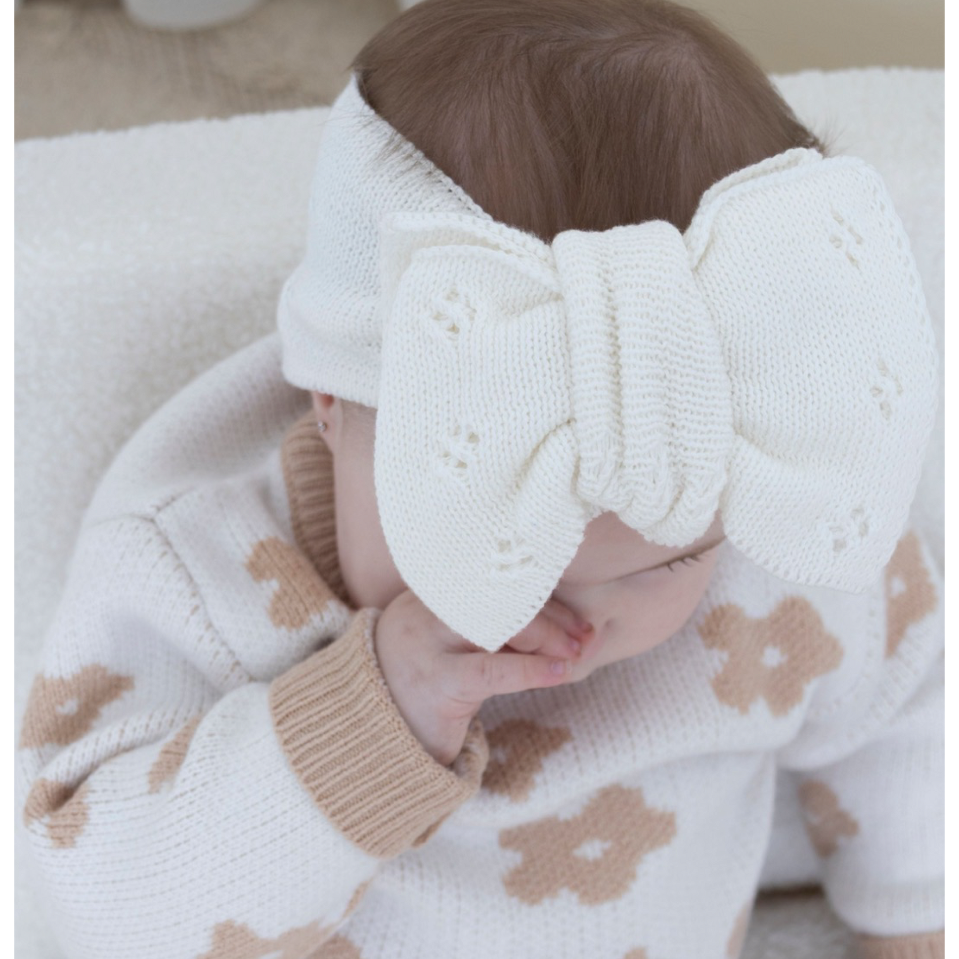 white pointelle oversized knit baby bow. Newborn baby bow headband