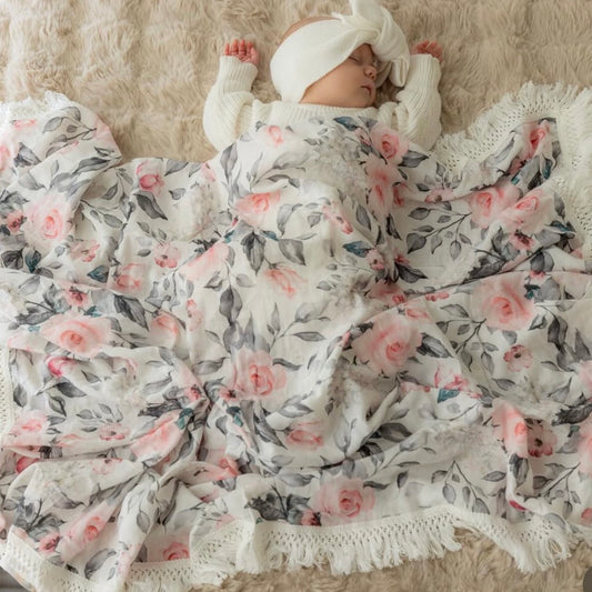 Rose fringe swaddle. Newborn floral baby swaddle