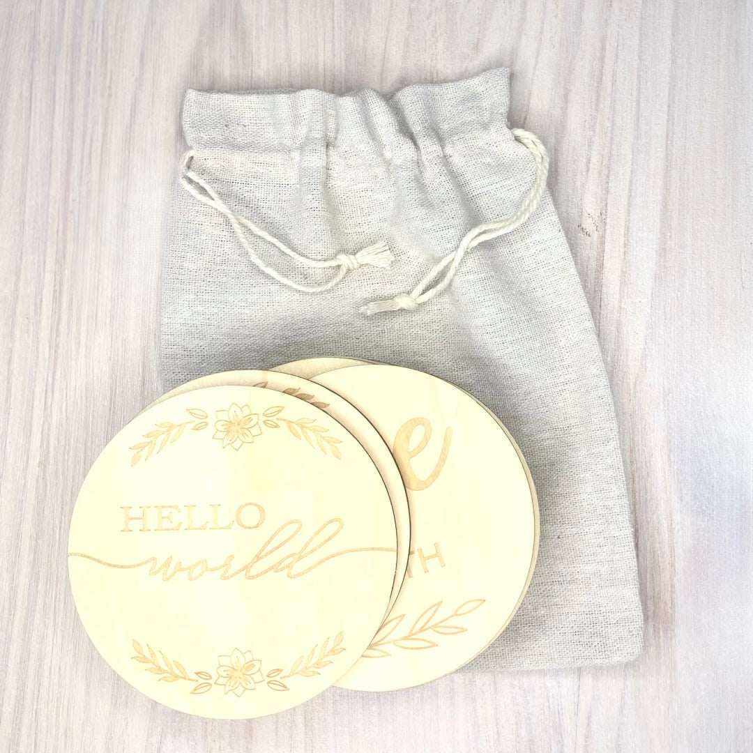 wooden baby announcement disc. Hello World, Newborn