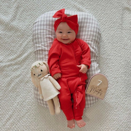 Red waffle frill baby onesie & headband. Newborn baby red frill romper. Zip onesie. Baby Christmas outfit
