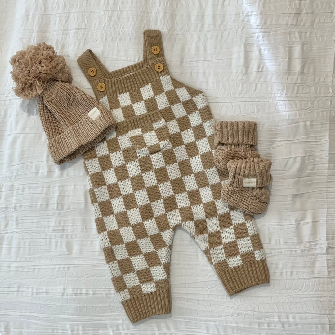 Checker knit baby overalls