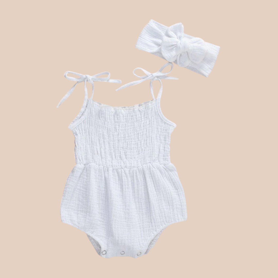 Tie up Shirred Romper and Headband Set | White