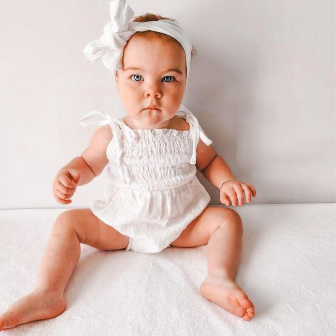 Tie up Shirred Romper and Headband Set | White