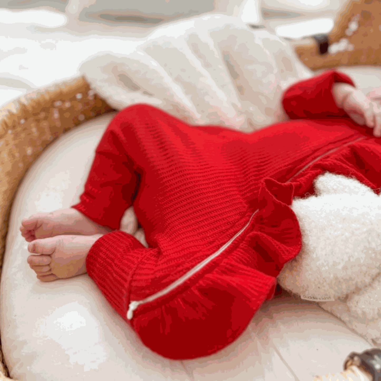 Red waffle frill baby onesie & headband. delightful waffle texture. sweet frill details. Red waffle frill onesie & headband