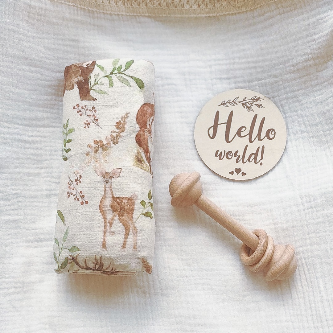 Forrest baby animal swaddle. Newborn baby swaddle. Muslin baby wrap. Organic cotton swaddle.