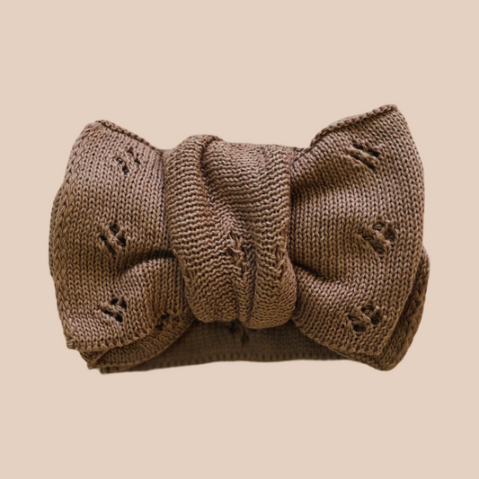 Tan oversized knit baby bow. Large baby knit headband. Pointelle knit baby bow. Newborn baby bow