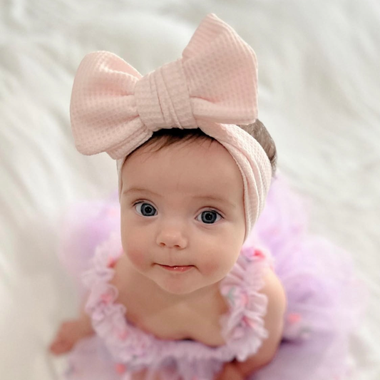 Pink waffle baby bow. Large baby bow headband. Newborn baby bow