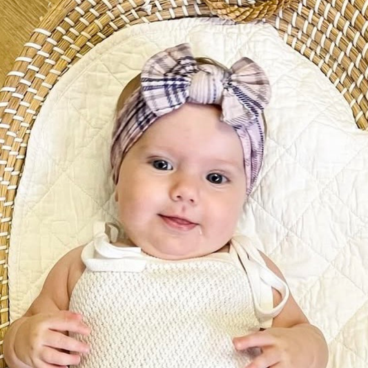 Tartan cable knit baby bow headband. Newborn baby bows