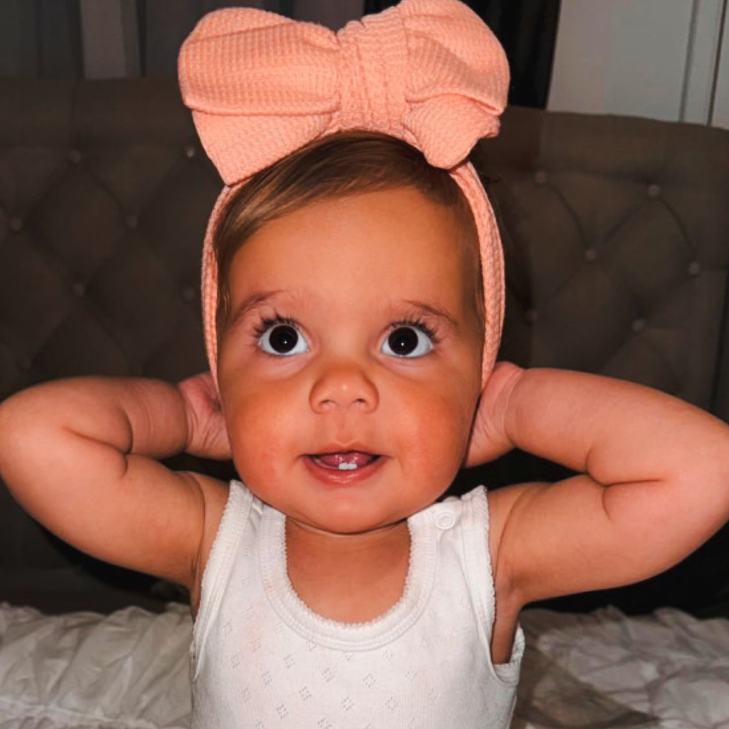 Coral waffle baby bow. Large baby bow headband. Pink bow