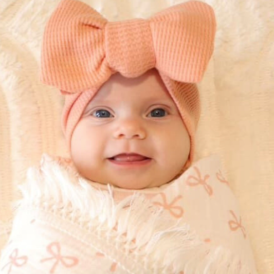 Waffle coral baby bow headband. Newborn baby bow