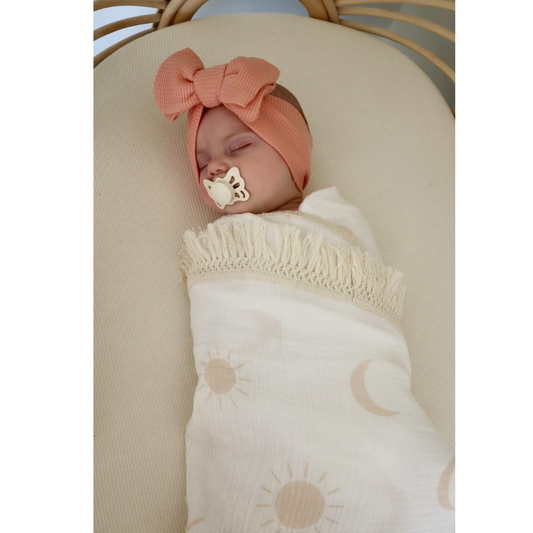Sun and moon fringe swaddle. Newborn baby swaddle. Newborn baby blanket