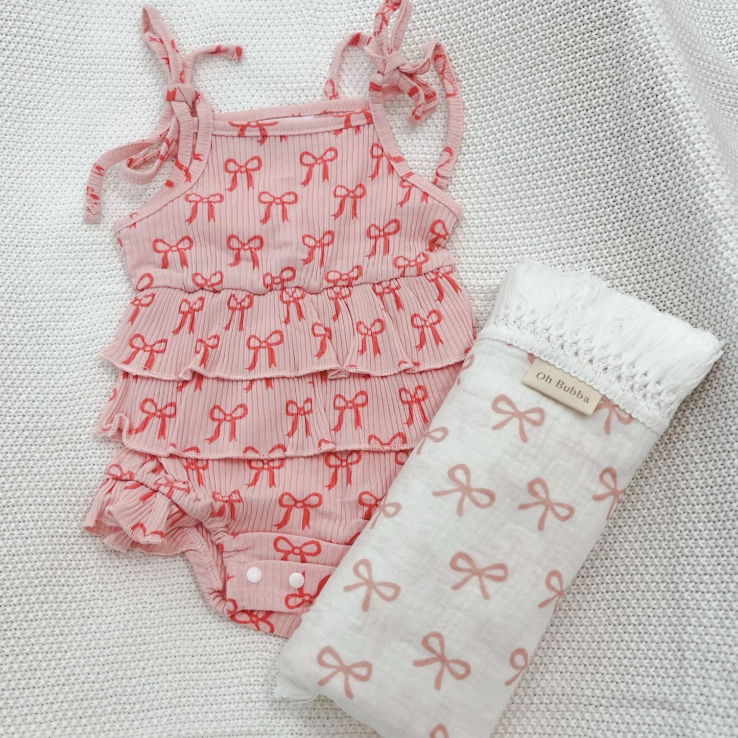 pink bows tie up romper