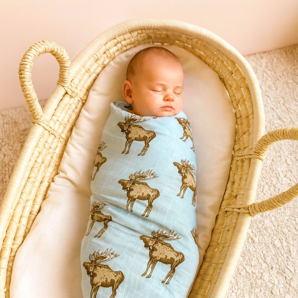 Blue moose newborn baby wrap. Muslin swaddle