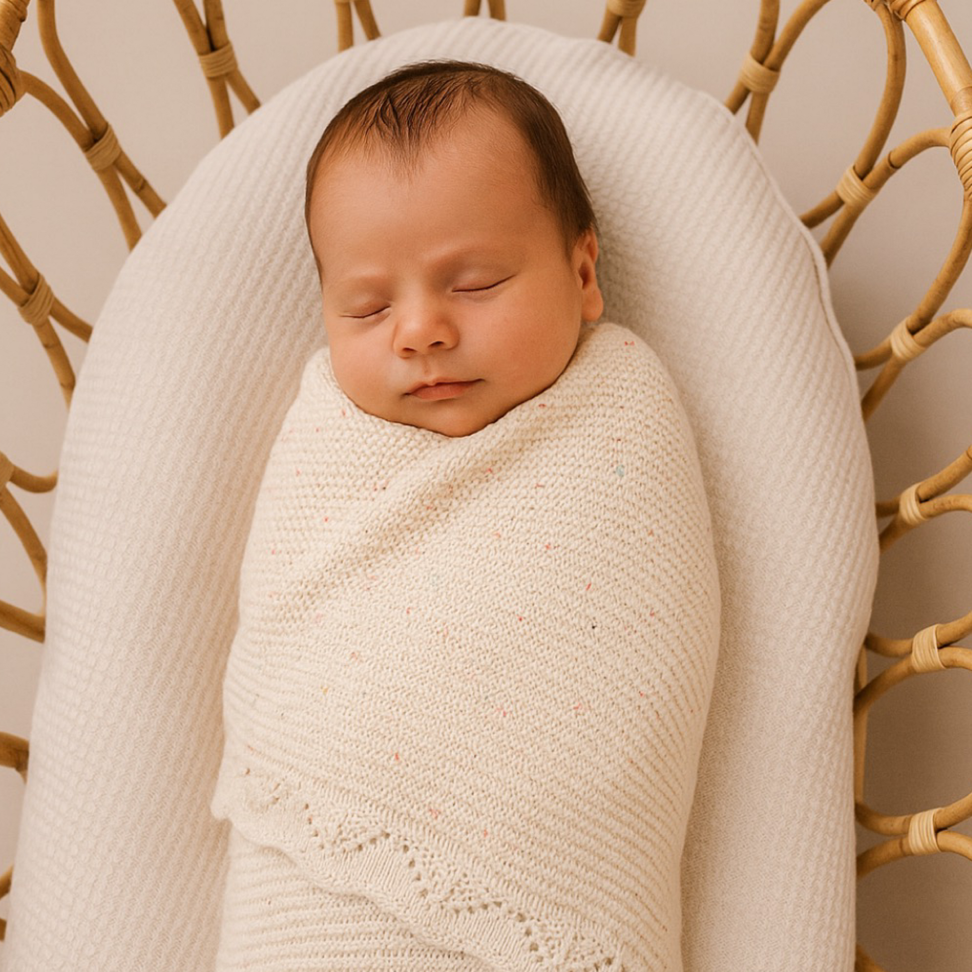 Speckled oat knit baby blanket wrapped